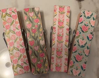 Folk art Floral - set of 4 Chip Snack Clips Handmade Decorated Wooden Clothespins