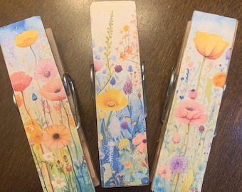 Spring Flowers  - set of 3 Chip Snack Clips Handmade Decorated Wooden Clothespins