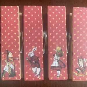 Alice & Friends - set of 4 Chip Snack Clips Handmade Decorated Wooden Clothespins