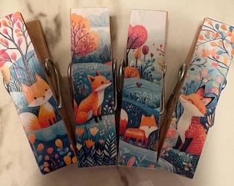 Forest Friends (set 1 (fox),  set 2 (owl), set 3 (hedgehogs) - set of 4 Chip Snack Clips Handmade Decorated Wooden Clothespins