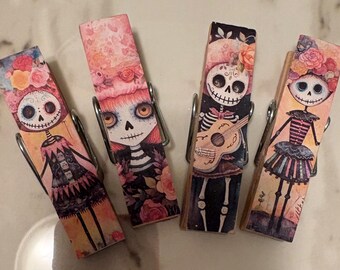 Calacas -  set of 4 Chip Snack Clips Handmade Decorated Wooden Clothespins