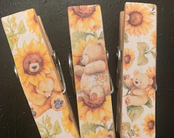 Bears & Sunflowers - set of 3 Chip Snack Clips Handmade Decorated Wooden Clothespins