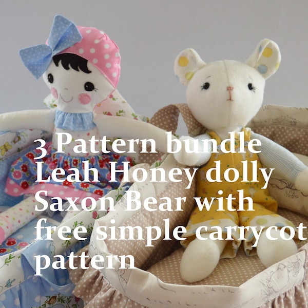 3 PATTERN BUNDLE ..Leah Honey Doll, Saxon Bear with free Simple Dolls Carrycot PDF sewing patterns