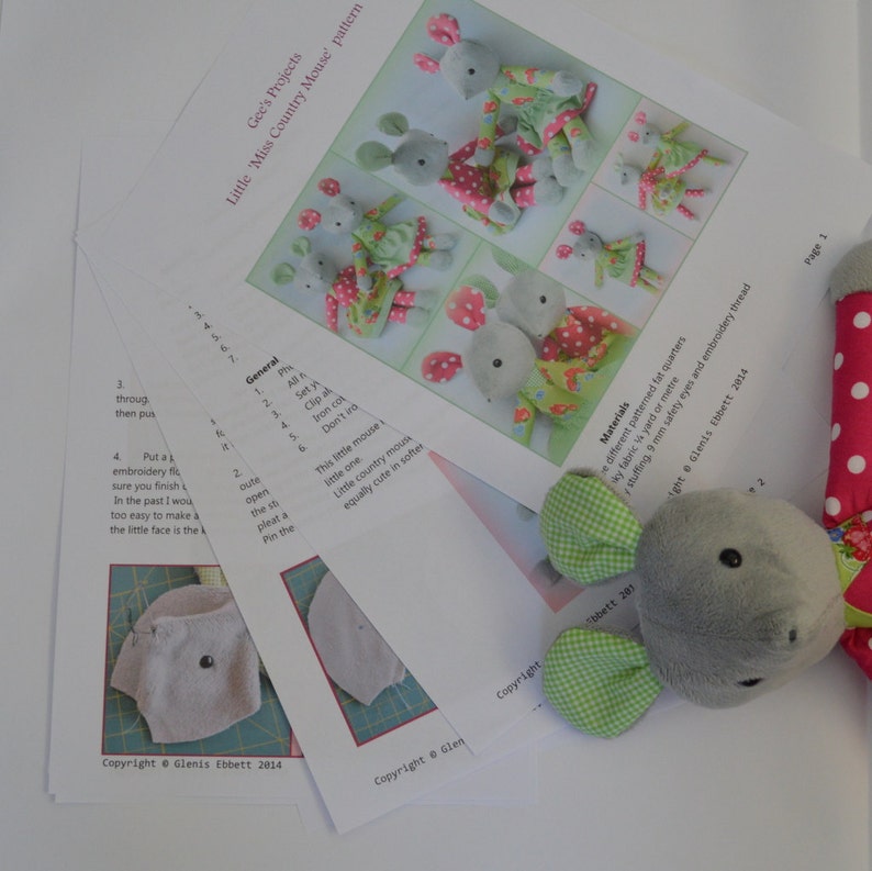 May include: A sewing pattern for a small country mouse doll. The pattern includes instructions for making the mouse's body, ears, and tail. The pattern is printed on white paper with black text. The pattern is titled "Little 'Miss Country Mouse' pattern".