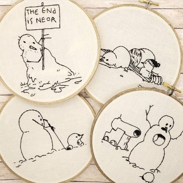 6" Calvin and Hobbes Snowman Hand Embroidered Hoops - Fan Art Decor