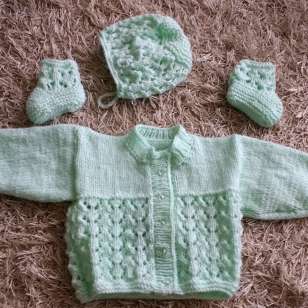 Baby Hand Knitted Matinee Coat - Bootees & Bonnet Set Baby Quality Soft Wool Mint 0-3 Months  16" TO 18" Chest Made Ready to Post Buy Now