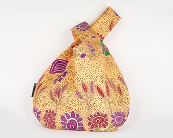 Sac à bandoulière jaune en tissu aborigène d'Australie, sac de projet moyen jaune, sac à noeud japonais, sac à noeud de poignet, pochette à dragonne japonaise