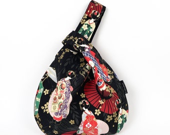 Sac japonais réversible fait main avec noeud | Parfait pour le tricot | Sac Maiko noir | Bracelet élégant, sac à main noir japonais Maiko, sac à projet