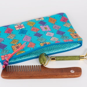 Borsa per il trucco azzurro - Borsa per cosmetici australiana blu, custodia per assorbenti igienici in cotone, borsa per cosmetici con arte aborigena, borsa Contemporary Notions