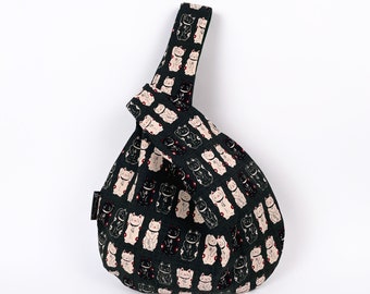 Medium project bag in Japanese green cat fabric, Japanese knot bag - wrist knot bag,  Japanese wristlet pouch, wristlet bag, cat handbag