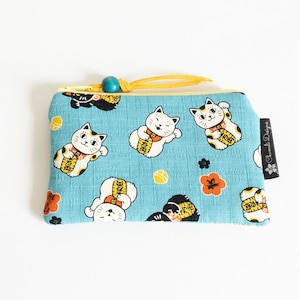 Kleine Geldbörse für Frauen, Blaugrün Geldbörse mit Süßen Japanischen Katzen, Maneki Neko Münzbeutel, Winkende Katze Schlüsselhalter, Mini Make-up Tasche, Geldbörse mit Reißverschluss