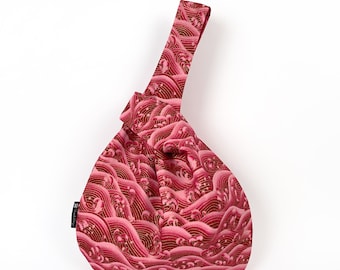 Sac japonais réversible fait main avec noeud | Parfait pour le tricot | Sac rose Kanagawa | Bracelet élégant, sac à main rose japonais, sac de projet