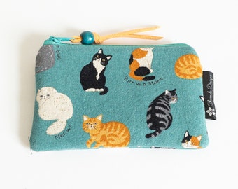 Blue tiny wallet with cats, cute cats zippered pouch, teal coin purse, coin pouch, Japanese pouch, card holder, travel pouch with cats