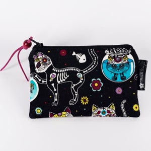 Cartera pequeña esqueleto de gatos negros, bolsa con cremallera de gato lindo, billetera de gato esqueleto de halloween, estuche para tarjetas, mini bolso de gato gótico con cremallera