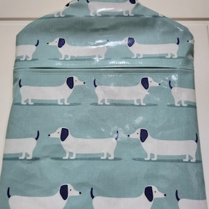 Peg bag,peg storage,oilcloth peg bag,peg storage,clothes peg holder,clothes pin bag, blue, green sausage dog oilcloth peg bag