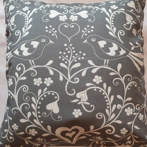Grey Modern Bird, Flower & Heart Cotton Cushion Cover / Pillow