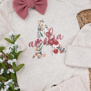 Personalized baby girl Oatmeal and Mauve romper and headband, Pink Newborn outfit, Embroidered girl coming home outfit, baby shower gift