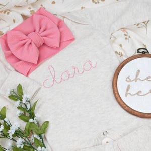 Personalized baby girl oatmeal and pink vintage romper with headband, Newborn outfit, Embroidered girl coming home outfit, baby shower gift