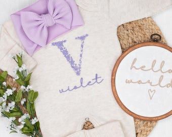 Personalized oatmeal and lavender baby girl floral romper with headband, Newborn outfit, custom girl coming home outfit, baby shower gift