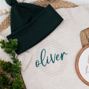 Personalized Embroidered Baby Romper with Hat: Oatmeal & Green Newborn Outfit