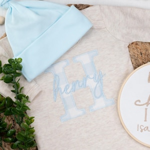 Personalized Oatmeal and Baby blue baby embroidered romper with matching hat, Newborn outfit, Neutral baby coming home outfit, blue baby boy