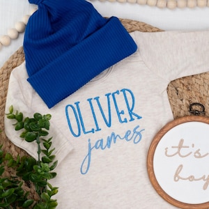 Personalized Oatmeal and blue baby embroidered romper with matching hat, Newborn outfit, Neutral baby coming home outfit, blue baby boy