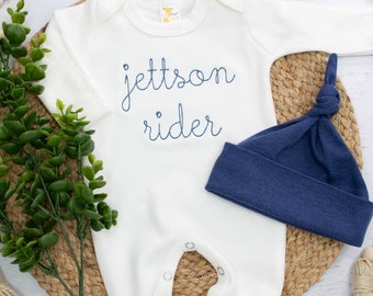 Personalized White and blue baby embroidered romper with matching hat, Newborn outfit, Neutral baby coming home outfit, blue baby boy