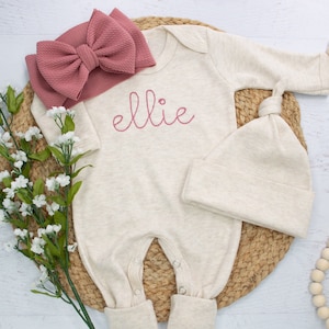 Personalized baby girl oatmeal and mauve vintage romper with headband, Newborn outfit, Embroidered girl coming home outfit, baby shower gift
