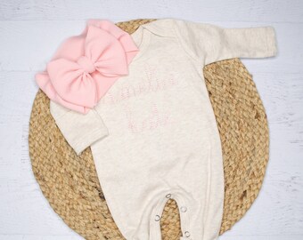Personalized Baby Girl Romper: Oatmeal Vintage Stitch Embroidered Outfit