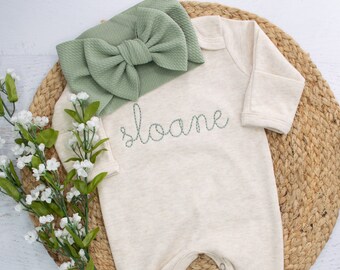 Personalized Baby Romper: Oatmeal Vintage Stitch, Sage Headband, Newborn Outfit