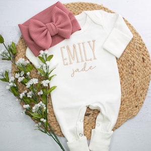 Personalized White and Tan baby embroidered romper with matching headwrap, Newborn outfit, Neutral baby coming home outfit, neutral baby fit
