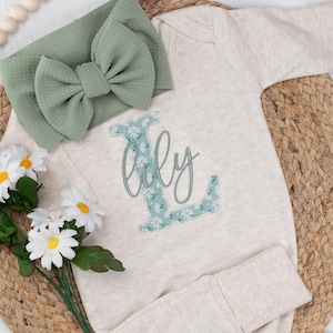 Personalized Baby Romper: Oatmeal & Sage Green, Embroidered Name, Newborn Outfit