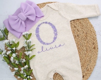 Personalized Oatmeal Baby Romper: Embroidered Floral Letter, Newborn Outfit