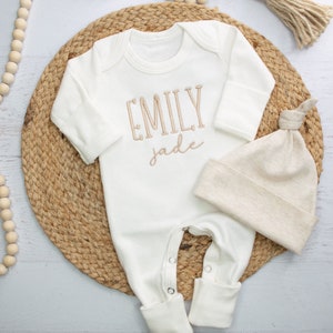 Personalized White and Tan baby embroidered romper with matching hat, Newborn outfit, Neutral baby coming home outfit, neutral baby fit