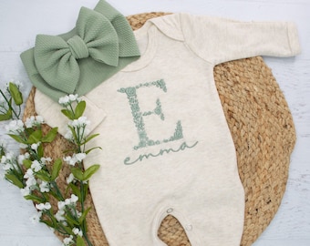 Personalized oatmeal and olive baby girl floral romper with headband, Newborn outfit, embroidered girl coming home outfit, baby shower gift