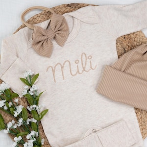 Personalized oatmeal and beige vintage stitch romper with bow or hat, custom gender neutral coming home outfit, baby shower gift