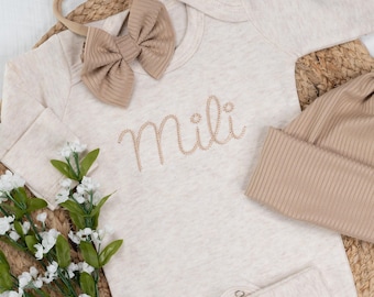 Personalized Embroidered Baby Romper: Oatmeal Vintage Stitch Outfit