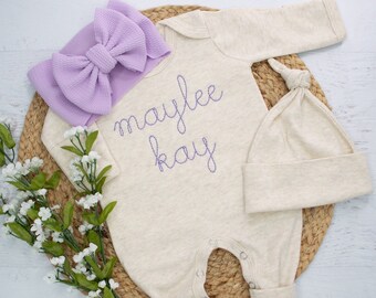 Personalized baby girl oatmeal and lavender vintage stitch romper with headband, Newborn takehome outfit, Embroidered coming home outfit