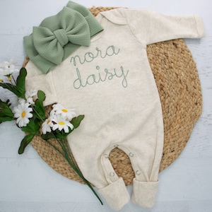 Personalized baby girl oatmeal and Sage green vintage stitch romper with headband, Newborn takehome outfit, Embroidered coming home outfit