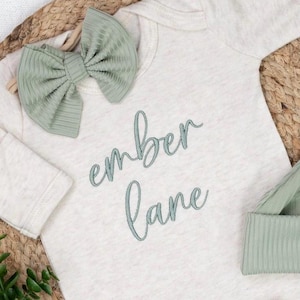 Personalized Sage Green Baby Romper: Embroidered Name, Fold-Over Footies