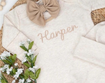 Personalized Embroidered Baby Romper: Oatmeal Vintage Stitch Outfit