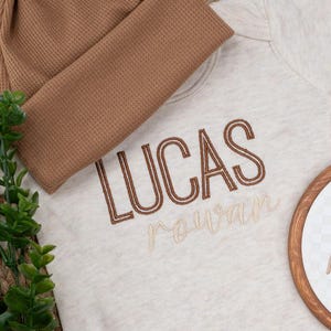 Personalized Baby Romper and Hat Set: Embroidered Name, Oatmeal Beige