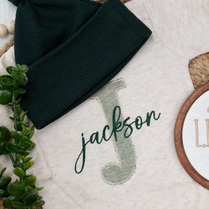 Personalized Embroidered Baby Romper with Hat: Oatmeal & Green Newborn Outfit