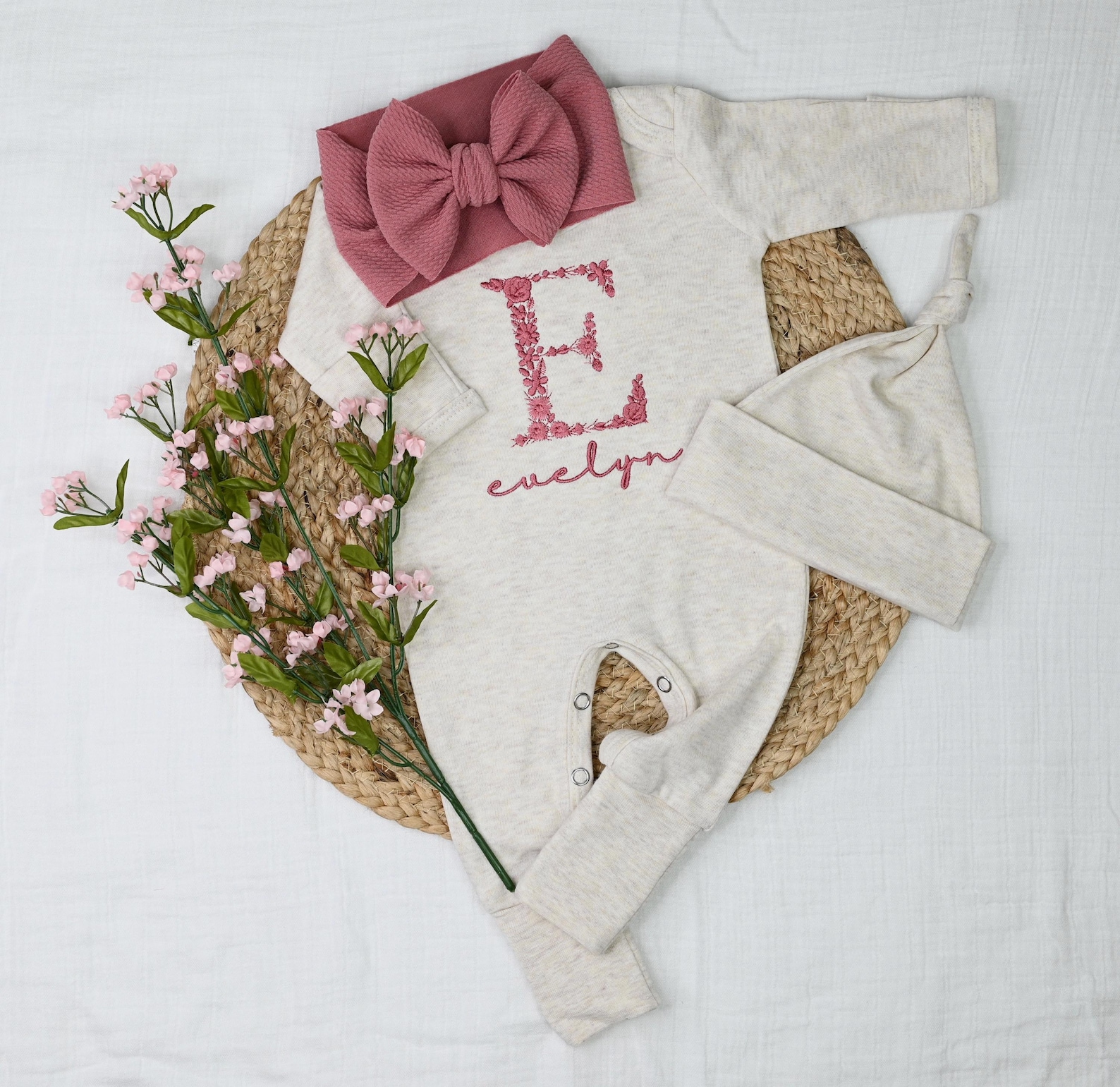 Newborn Floral Embroidered Romper with Hat main image 1
