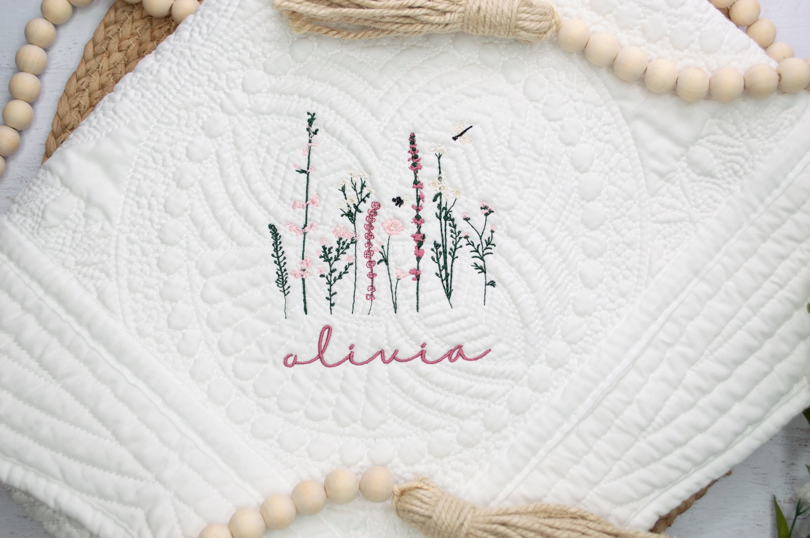 Personalized Mauve Wildflower Baby Quilt: Custom Embroidered Cotton Blanket