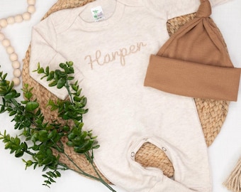 Personalized Embroidered Baby Romper with Hat: Oatmeal Vintage Stitch Outfit