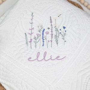 Personalized lavender Wildflower Quilt, Baby Blanket, Custom Baby Name Heirloom Keepsake Quilt,  Embroidered Monogram Blanket for Baby Girl