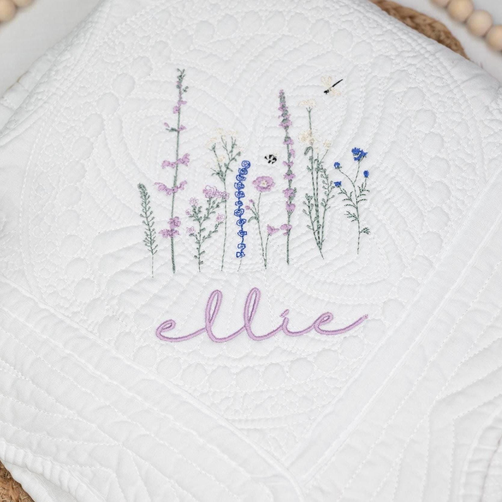 Personalized Baby Girl Quilt, Lavender Wildflower Embroidered Cotton Heirloom Quilt, Newborn baby shower gift, Wildflower Nursery blanket