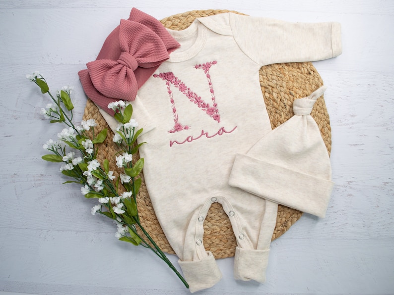 Newborn Floral Embroidered Romper with Hat