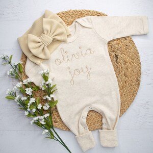Personalized baby girl oatmeal and tan vintage romper with headband, neutral Newborn outfit, Embroidered coming home outfit, baby shower